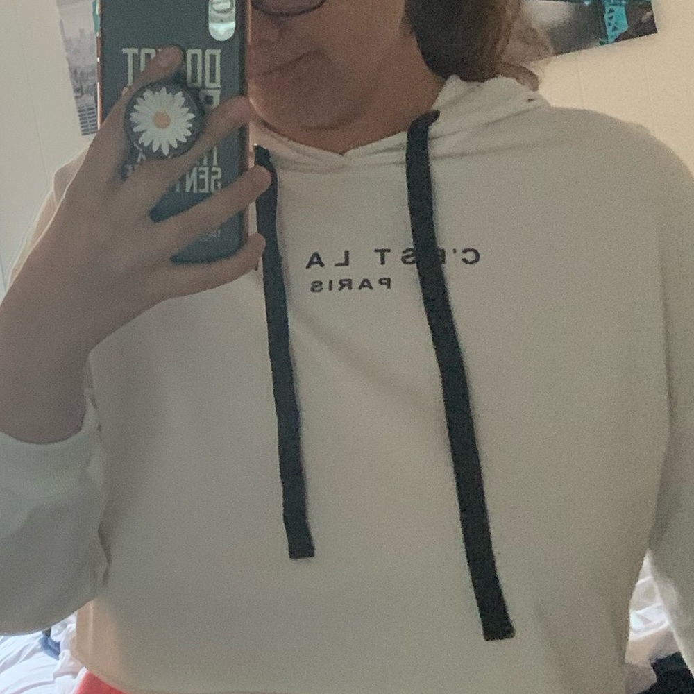 Shein cropped hoodie, off-white with black writing